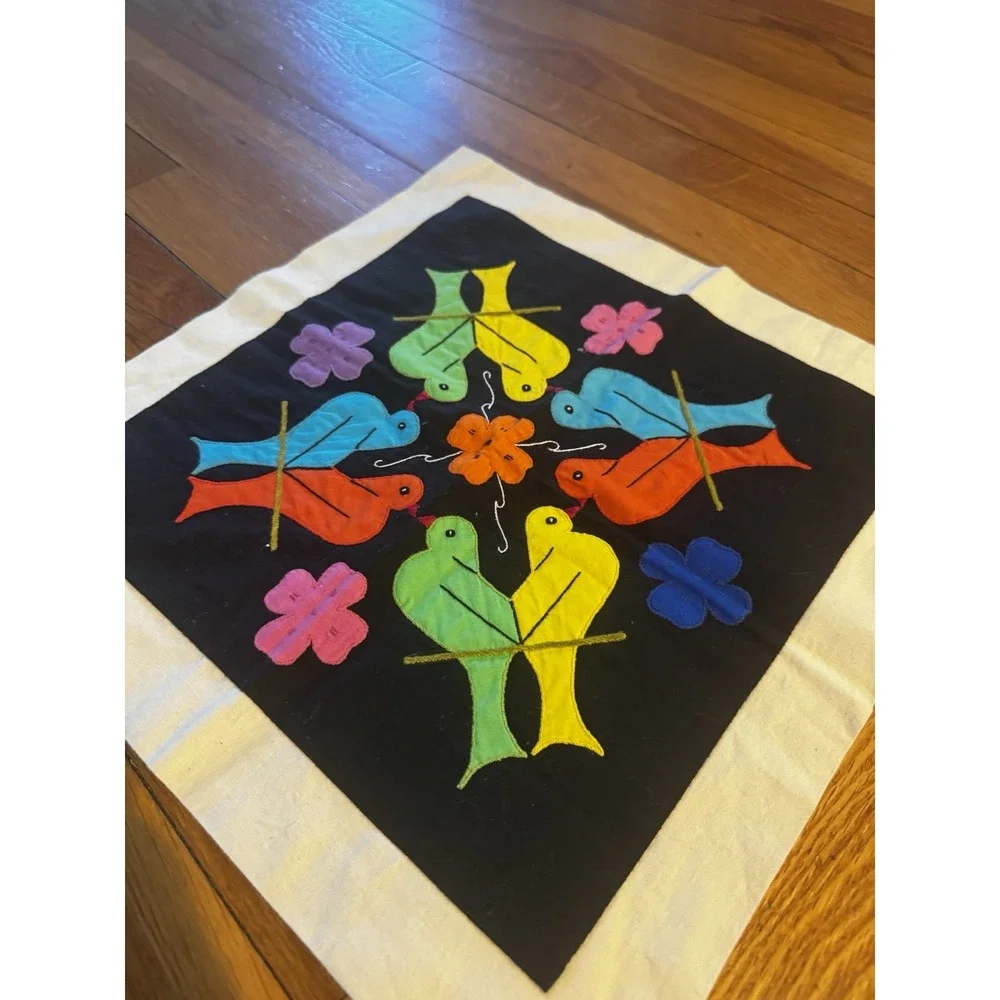 Vintage Embroidered Colorful Birds Wall Hanging Tapestry 16x16‎ India Made 70s